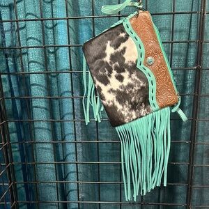 Myra Bag Black and Blue Clutch with Fringe